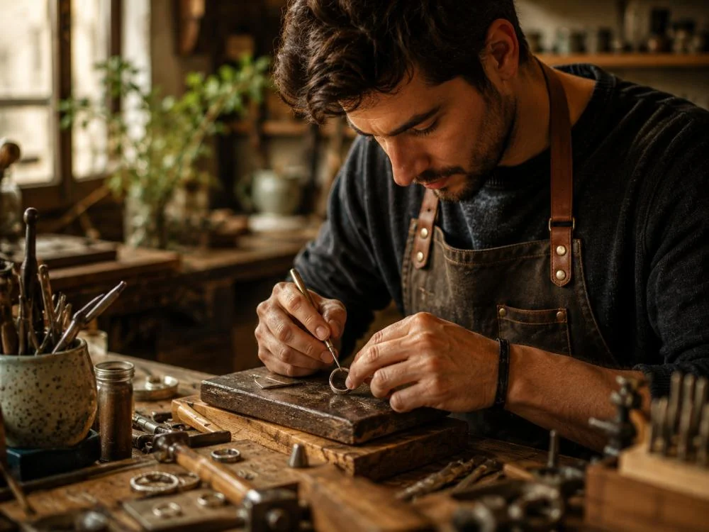 Artesano trabajando en su taller para vender sus piezas online