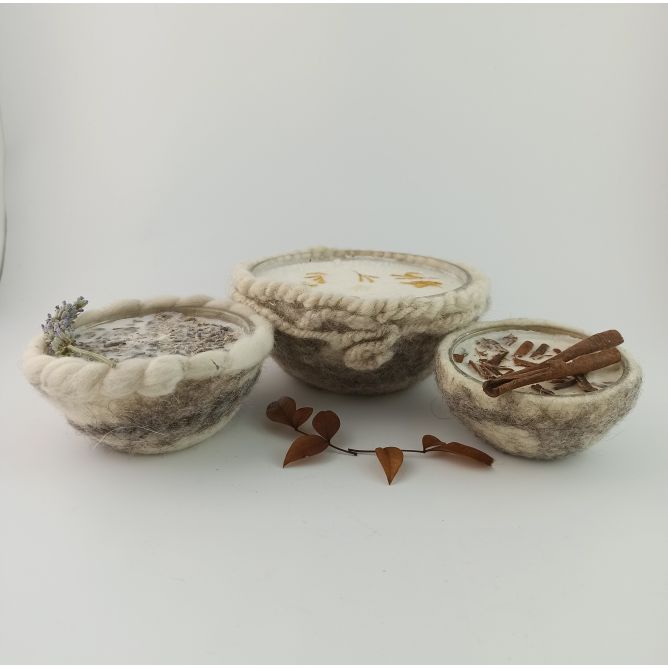 Cuencos portavelas de lana , Velas veganas de soja aromatizadas