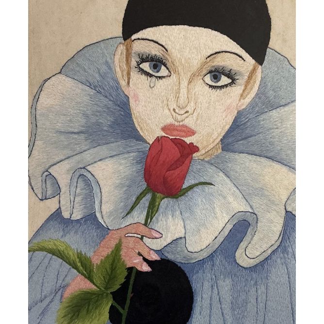 Embroidered Pierrot Frame in Cotton Thread – Unique Piece