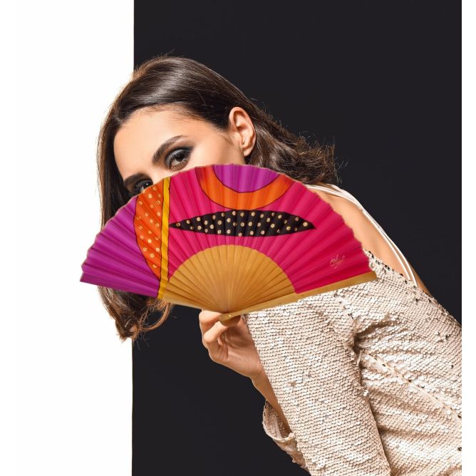 Abanico de seda geométrico llamativo / Abanico plegable rosa y naranja pintado a mano / Abanico español artístico único / Regalo de lujo