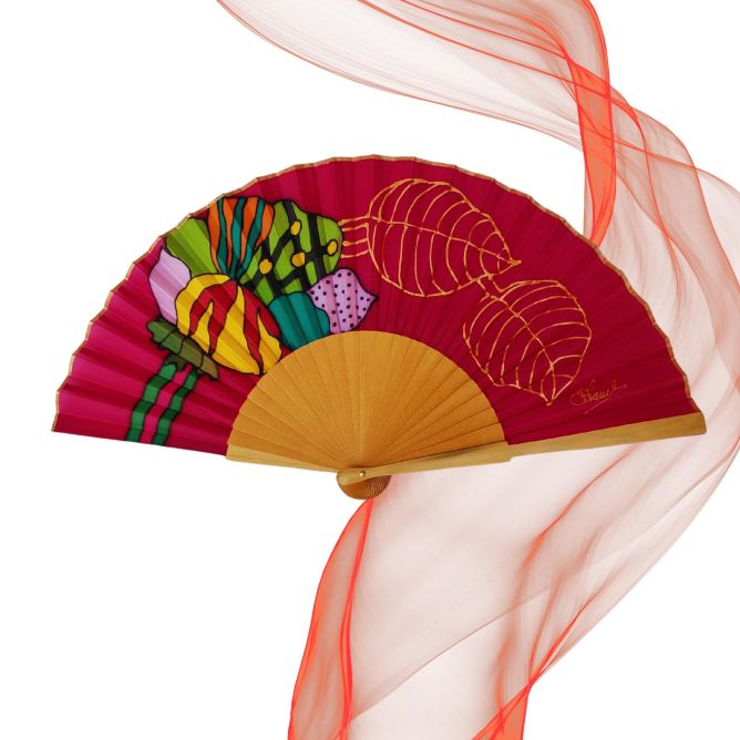 Leque artesanal de seda vinho tinto – Folhas tropicais