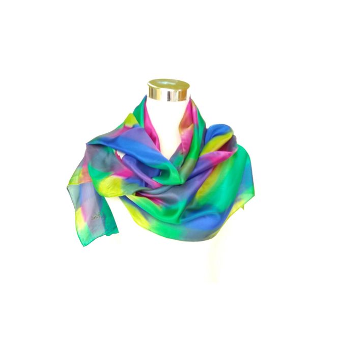 Bufanda de seda pintada a mano colorida, chal largo azul fucsia verde para mujer, bufanda de mamá regalo para el 60 cumpleaños, 18x72 pulgadas