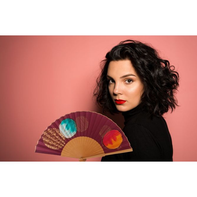 Abanico de seda burdeos de lujo / Abanico plegable abstracto pintado a mano con oro y turquesa / Regalo artístico único