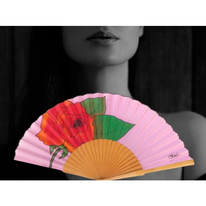 Abanico de seda color lavanda claro pintado a mano / Elegante abanico plegable floral con rosa roja / Regalo artesanal español de lujo