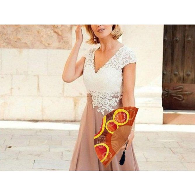 Abanico de mano de seda artesanal vintage en marrón y amarillo: accesorio perfecto para bodas, 10 pulgadas, listo para enviar