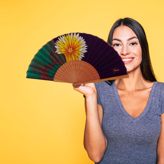 Hand-painted black silk fan: daisies and gold polka dots