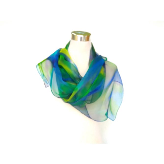 Bufanda de seda grande azul pintada a mano, chal ligero de gasa de seda verde limón, bufanda de seda de lujo para regalo de mamá