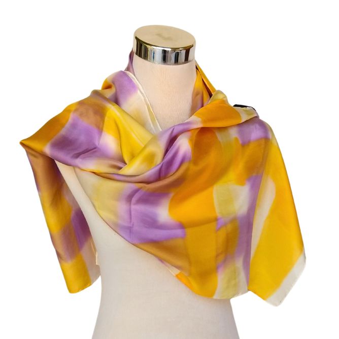 Hand Painted Silk Scarf: Lavender Yellow Habotai Shawl