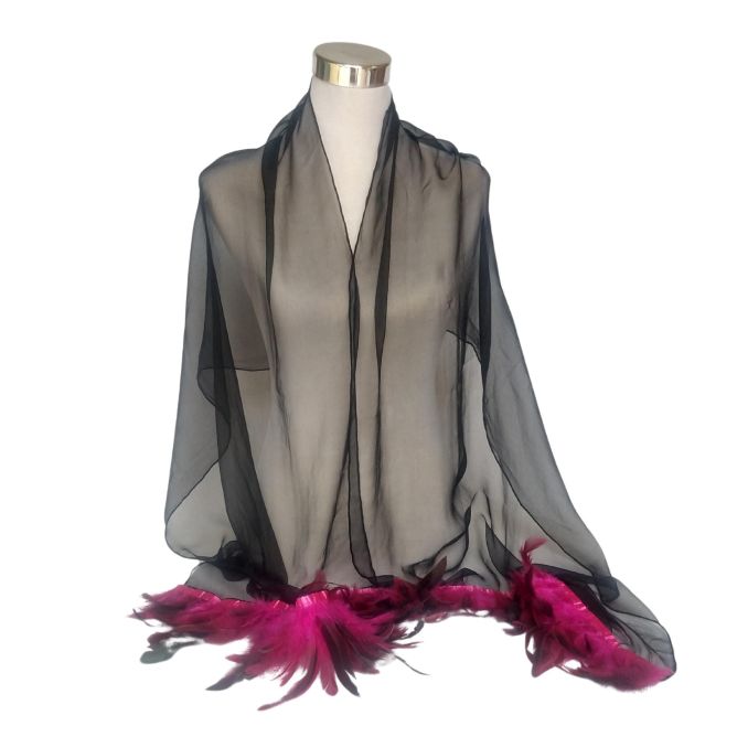 Black silk chiffon shawl: fuchsia feather trim