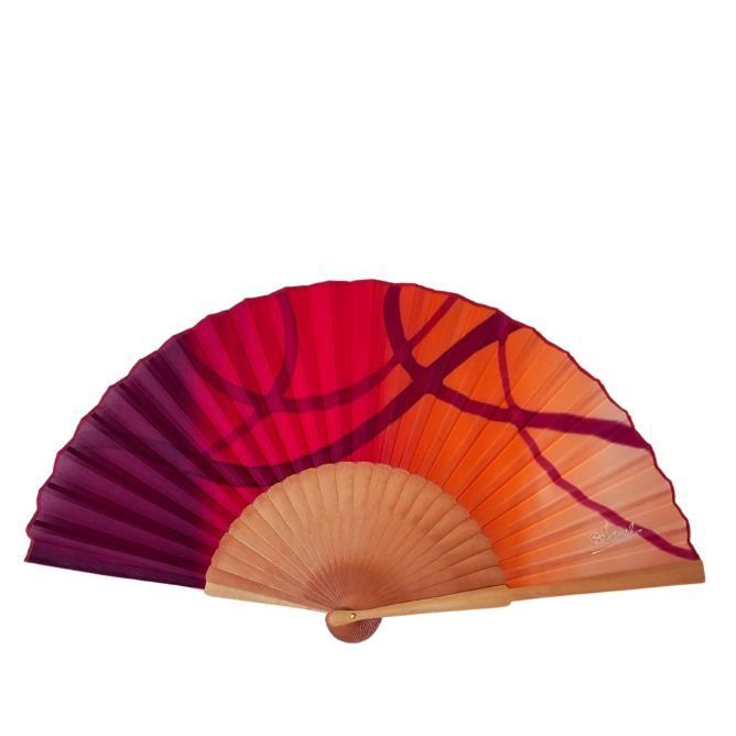 Hand-painted silk folding fan: red and orange gradient