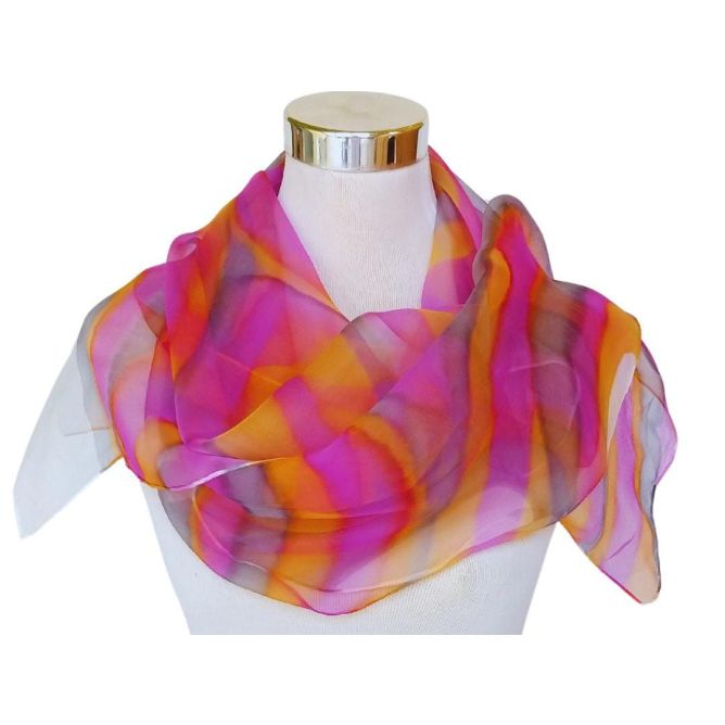 Fuchsia Sunset Silk Scarf – Hand-Painted Chiffon Shawl – Luxury Ombre Shawl 180 x 45 cm
