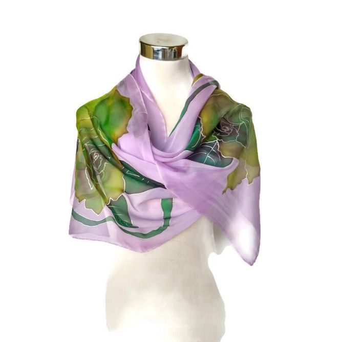 Chal de seda para boda con diseño de rosas verdes / Hermoso pañuelo largo de gasa con estampado floral violeta