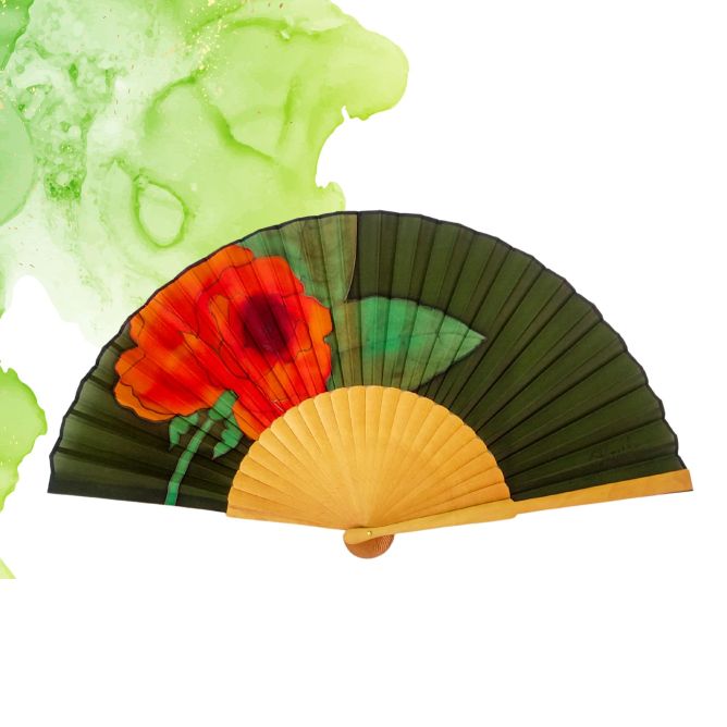 Handmade olive green silk fan: Spanish artistic folding fan with vibrant floral design.
