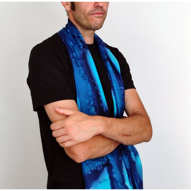 Deep Ocean Silk Scarf – Hand-Painted Blue Chiffon Shawl – Luxury Hypoallergenic Shawl 180 x 45 cm