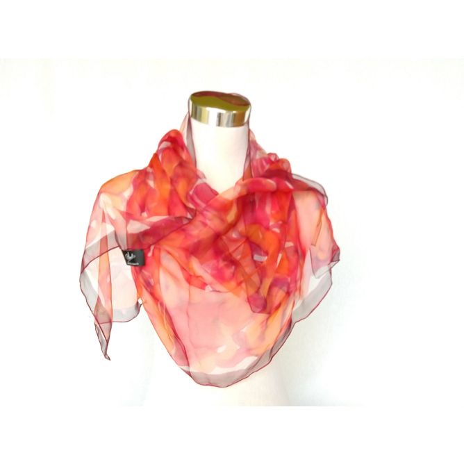 Silk scarf with fiery sunset effect – Hand-painted chiffon shawl – Luxury lightweight shawl 180 x 45 cm
