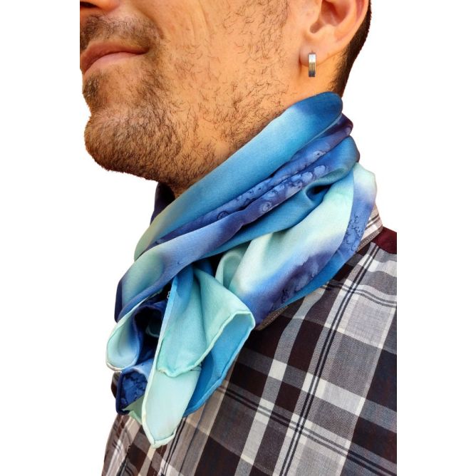 Hand-painted blue silk handkerchief for men: elegant satin tie