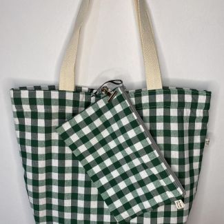 Designer maxi bag with matching toiletry bag, green gingham print