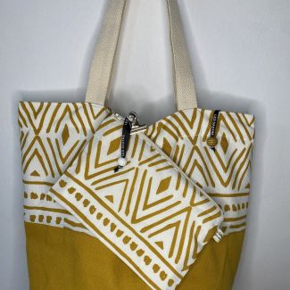 Designer maxi bag with matching toiletry bag, mustard color combined with geometric print