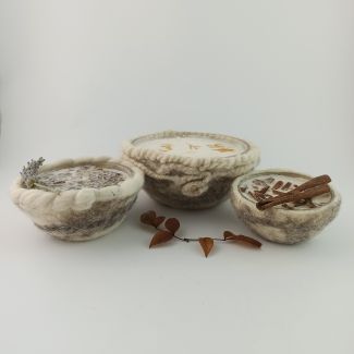 Cuencos portavelas de lana , Velas veganas de soja aromatizadas