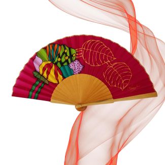 Abanico de seda color vino tinto hecho a mano – Hojas tropicales