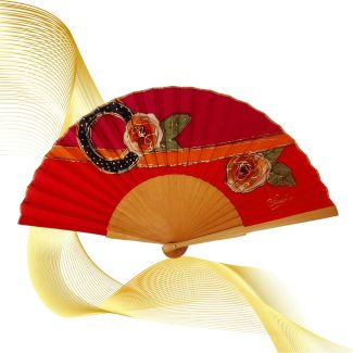 Abanico de seda roja pintado a mano – Abanico plegable español con rosas doradas