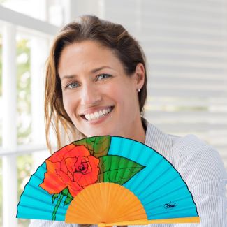 Abanico de seda turquesa pintado a mano – Rosa naranja