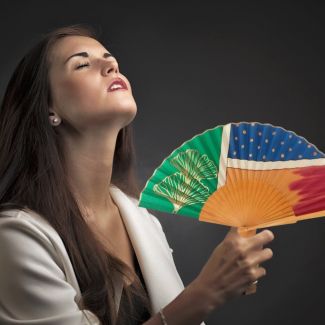 Abanico de seda pintado a mano en verde y azul / Abanico plegable geométrico y floral / Regalo artesanal español de lujo