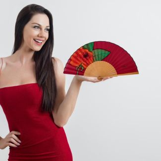 Abanico de seda rojo vino pintado a mano / Abanico plegable rosa española