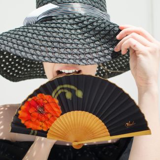 Abanico plegable de seda pintado a mano: Amapola negra y naranja