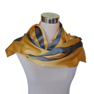 Elegante pañuelo de seda dorado y gris: lujoso pañuelo de satén de doble cara (145 x 35 cm / 57 x 14 pulgadas)