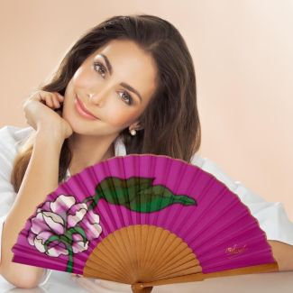 Abanico de seda lila pintado a mano: abanico plegable español floral