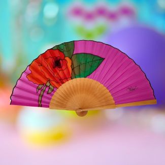 Abanico de seda fucsia pintado a mano: elegante abanico español rosa roja