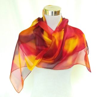 Bufanda de seda de gasa larga y vibrante: diseño abstracto ligero en rojo y amarillo