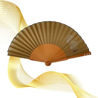 Abanico plegable de seda dorada: accesorio de lujo pintado a mano con detalles de cristal
