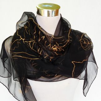 Bufanda de seda floral de lujo, chal pintado a mano negro, bufanda de seda de flores grandes, envoltura de boda de verano, regalo de la madre de la novia