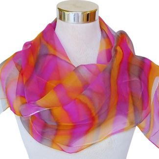 Pañuelo de seda fucsia atardecer – Chal de gasa pintado a mano – Chal de lujo con degradado 180 x 45 cm