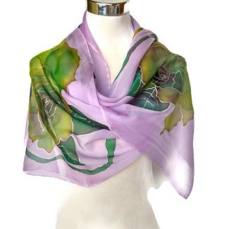 Chal de seda para boda con diseño de rosas verdes / Hermoso pañuelo largo de gasa con estampado floral violeta