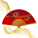 Abanico de seda roja pintado a mano – Abanico plegable español con rosas doradas