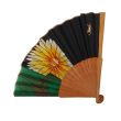 Hand-painted black silk fan: daisies and gold polka dots