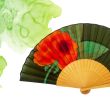 Handmade olive green silk fan: Spanish artistic folding fan with vibrant floral design. 2