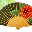 Handmade olive green silk fan: Spanish artistic folding fan with vibrant floral design. 5